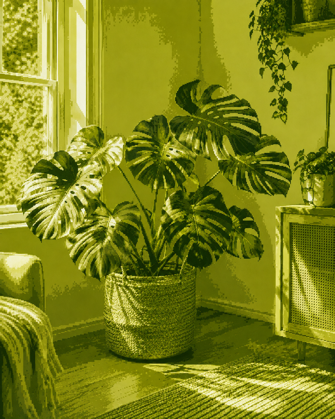 Indoor plant photo with a strong green tint before correction