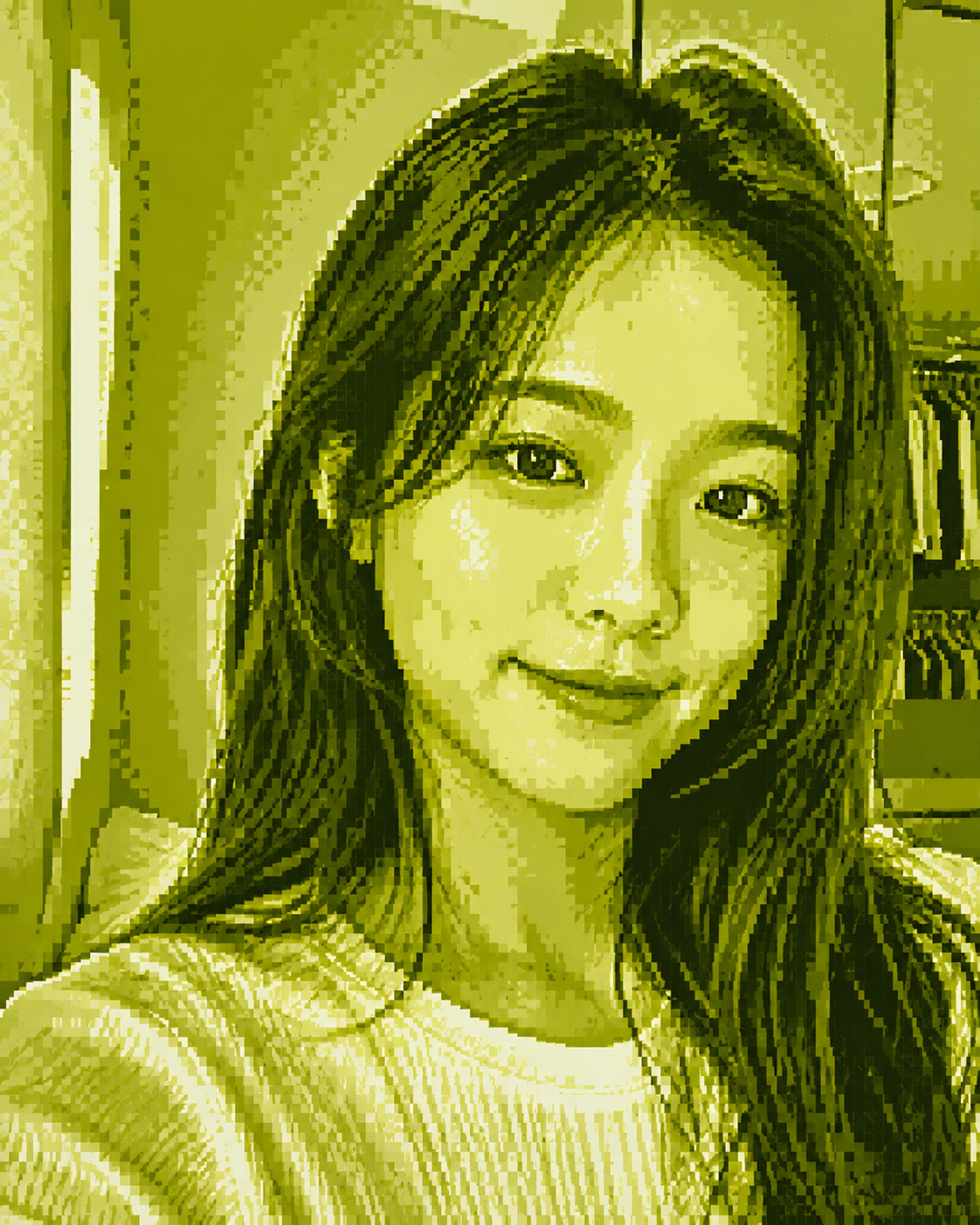 Selfie with a green matcha filter before correction